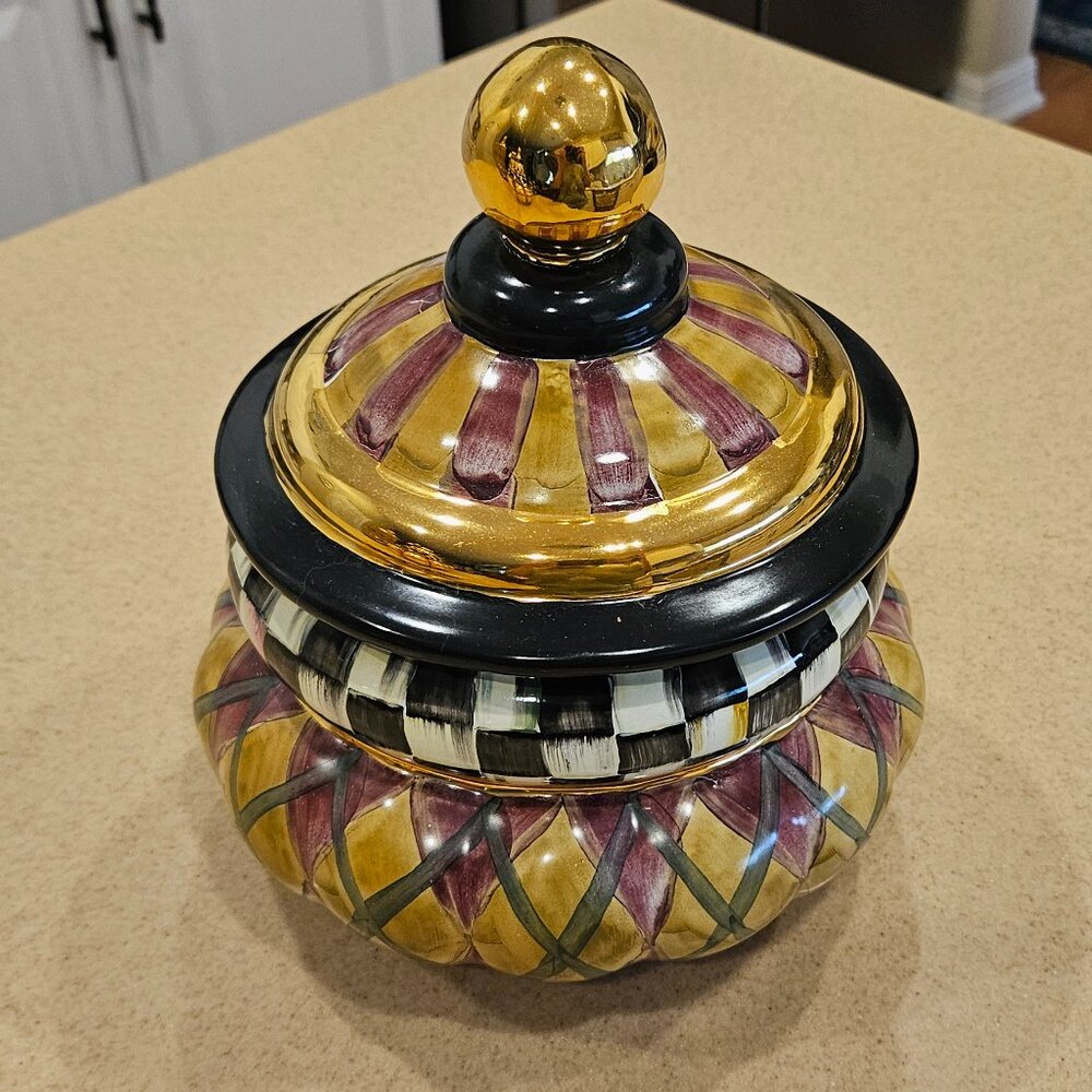 RARE MACKENZIE CHILDS ARGYLE PLAID AURORA CERAMIC GROOVY CANISTER JAR DISH